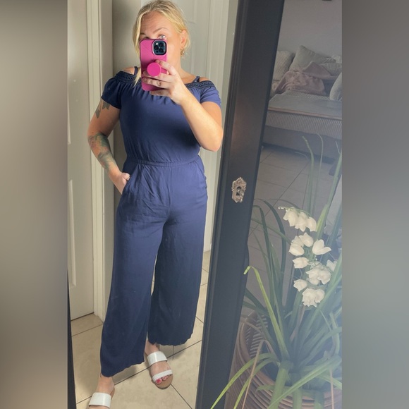 Navy Blue Off the Shoulder Jumpsuit with Pockets - Picture 1 of 10
